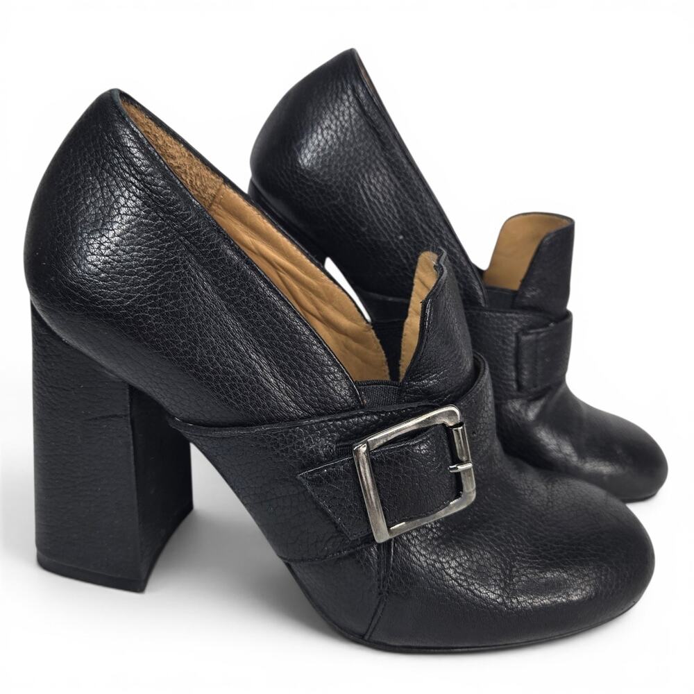 Firenze Studio Italy Black Pebbled Leather Heeled Loafers Block Heel Buckle 37